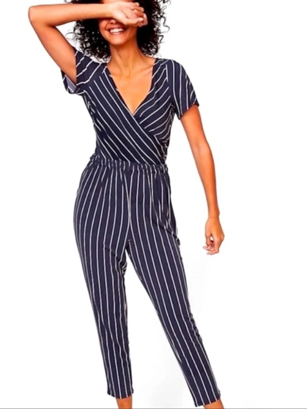 Express Navy & White Stripe Rap-Front Jumpsuit | Size XS